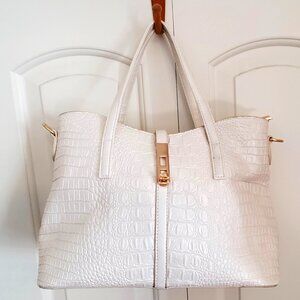 White crocodile embossed handbag with gold hardware